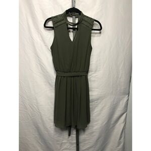 by & by Olive Green Mock Neck Lace Shoulder Cutout Belted Dress Women's Medium